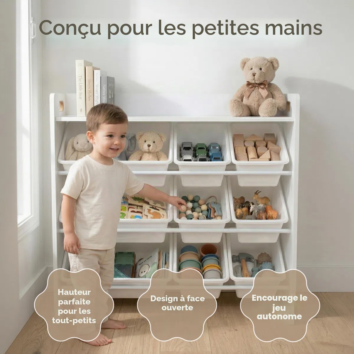 Humble Crew, étagère pour enfants, organisateur de jouets avec 9 bacs de rangement, blanc/blanc