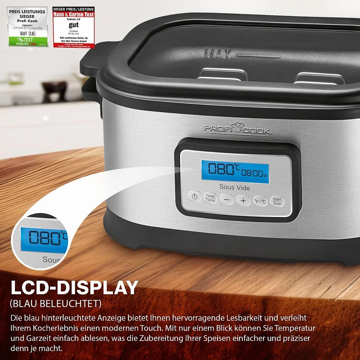 ProfiCook Cuiseur sous vide avec capacité de 8,5L | pour une cuisson précise | Cuve avec minuterie de 72 heures | Fonctions cuisson douce, yaourtière & maintien au chaud | PC-SV 1112