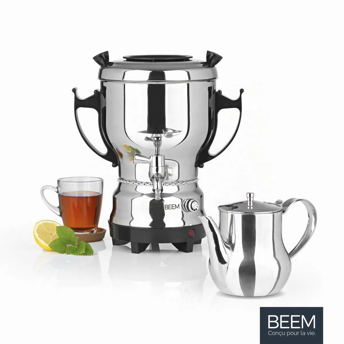 BEEM Tea-Classic Samovar - 3L | Acier Inoxydable | Grande théière Aussi pour la Restauration | avec Robinet de vidange en Acier Inoxydable | Régulateur de température réglable | avec théière de 1 L