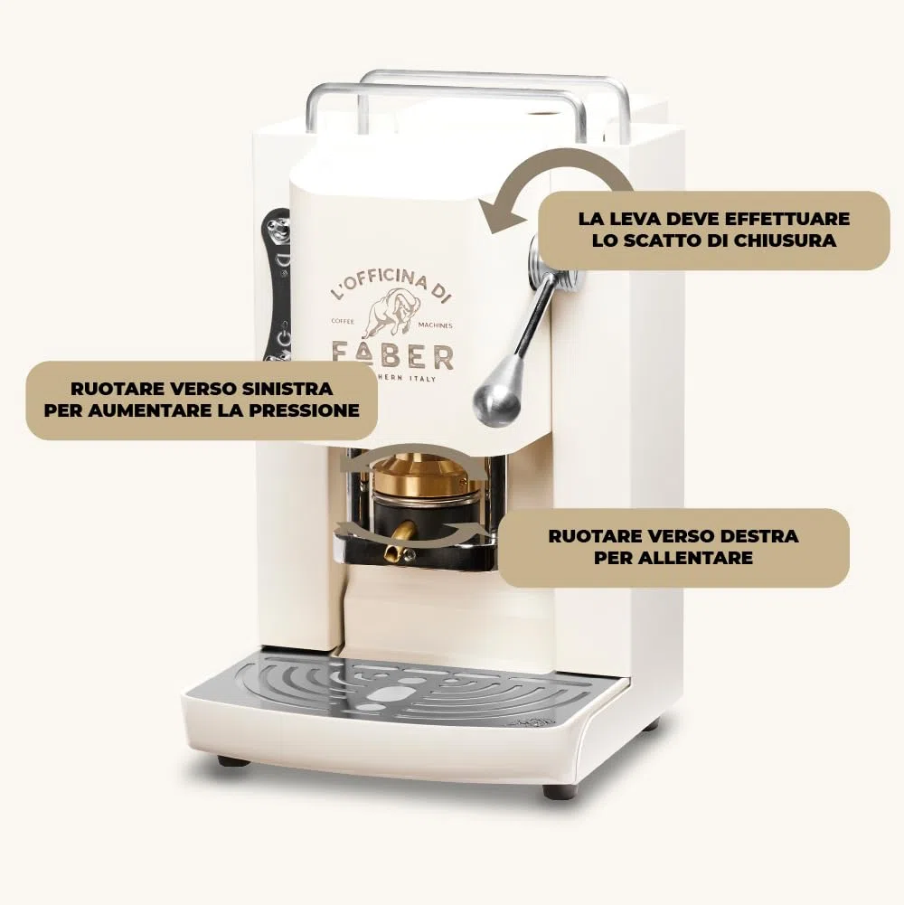 FABER COFFEE MACHINES | Modèle Pro Deluxe | Machine à café à dosettes ese 44mm | Finition Chrome | Pressacialda en laiton (Pure White)