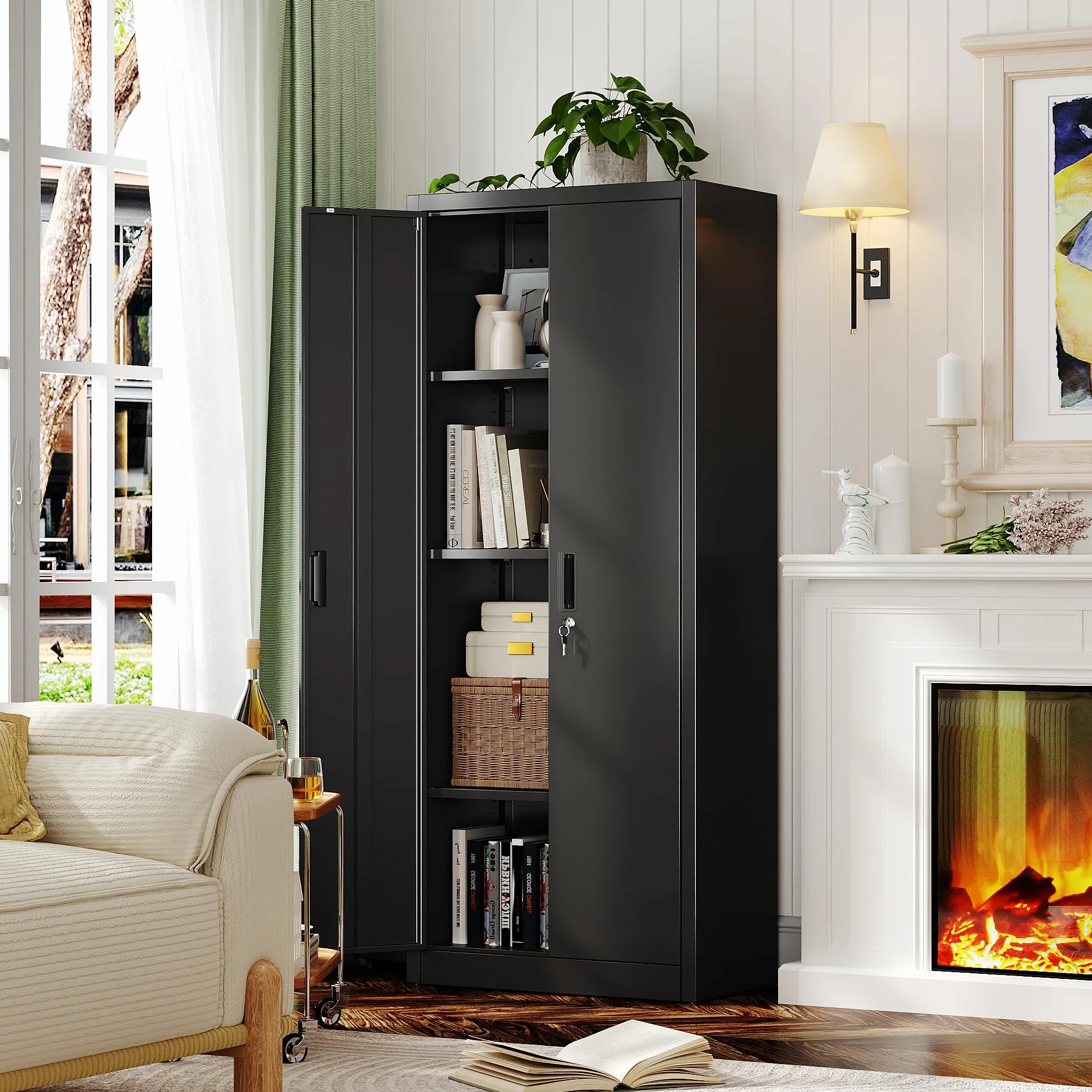 Armoire de rangement en métal avec 2 portes et 3 étagères réglables, armoire de rangement verrouillable de 170 cm, garage, maison, bureau, assemblage facile requis (noir)