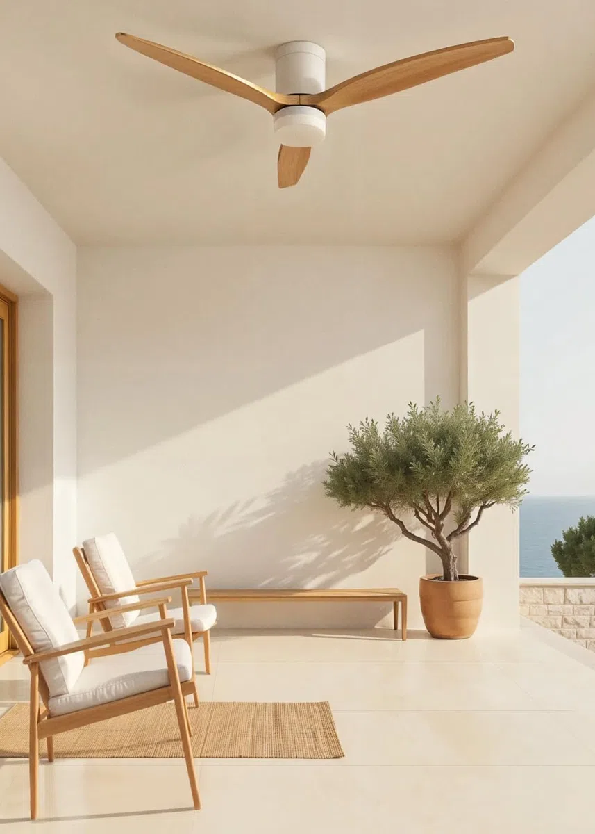 CREATE / WINDCALM L/Ventilateur plafond ABS blanc pales bois clair contrôleur et télécommande / Ø152 cm, 3 températures, fonction été-hiver