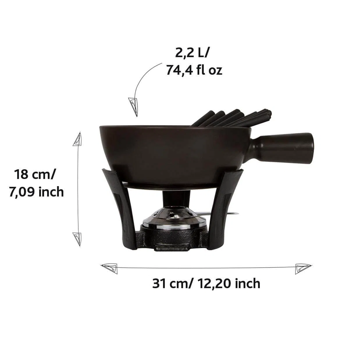 Boska Service à fondue Nero L - Set de repas pour 8 personnes - Convient aux cuisinières à gaz - Lavable au lave-vaisselle - Noir - Contenu 2.2 L