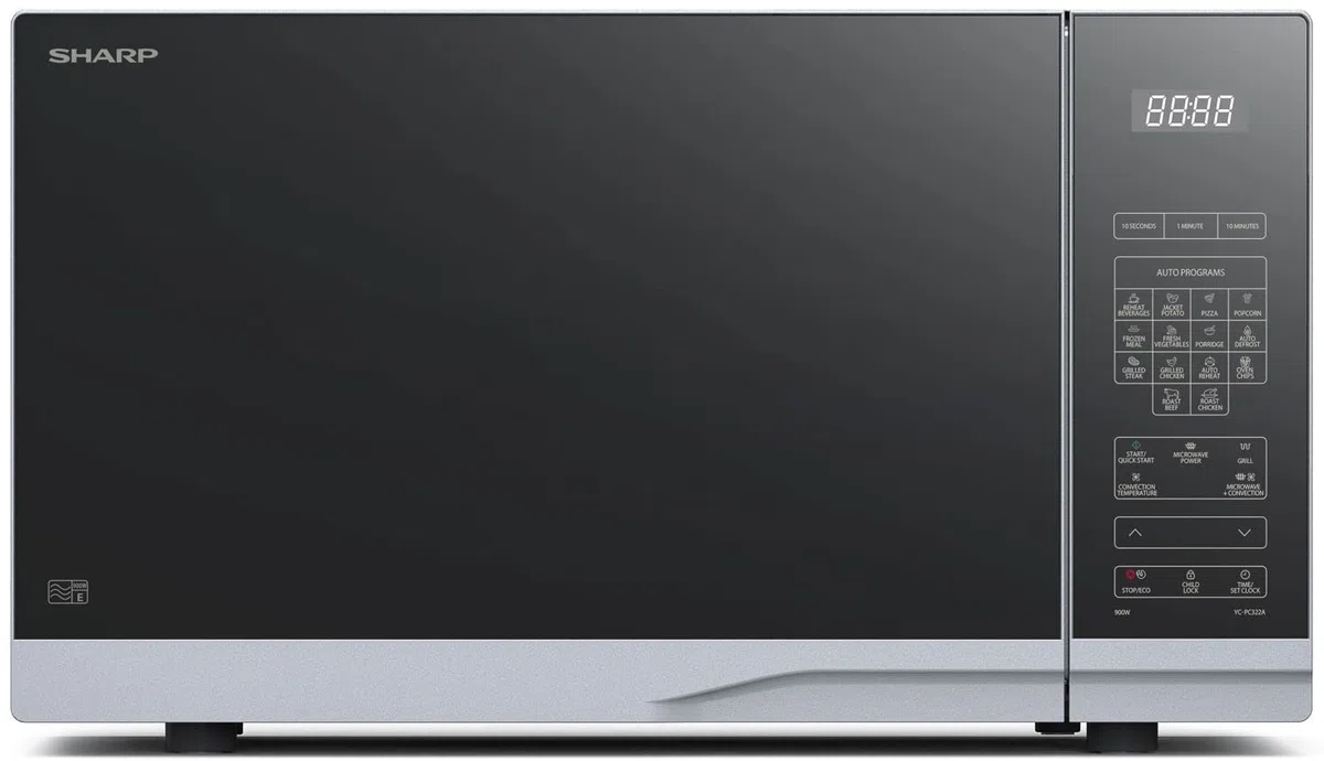 Sharp YC-PC322AE-S Micro-Ondes avec Grill et Air Chaud (1000 W, 32 L, 10 Niveaux de Puissance, Fonction Eco, Décongélation, Argenté/Noir