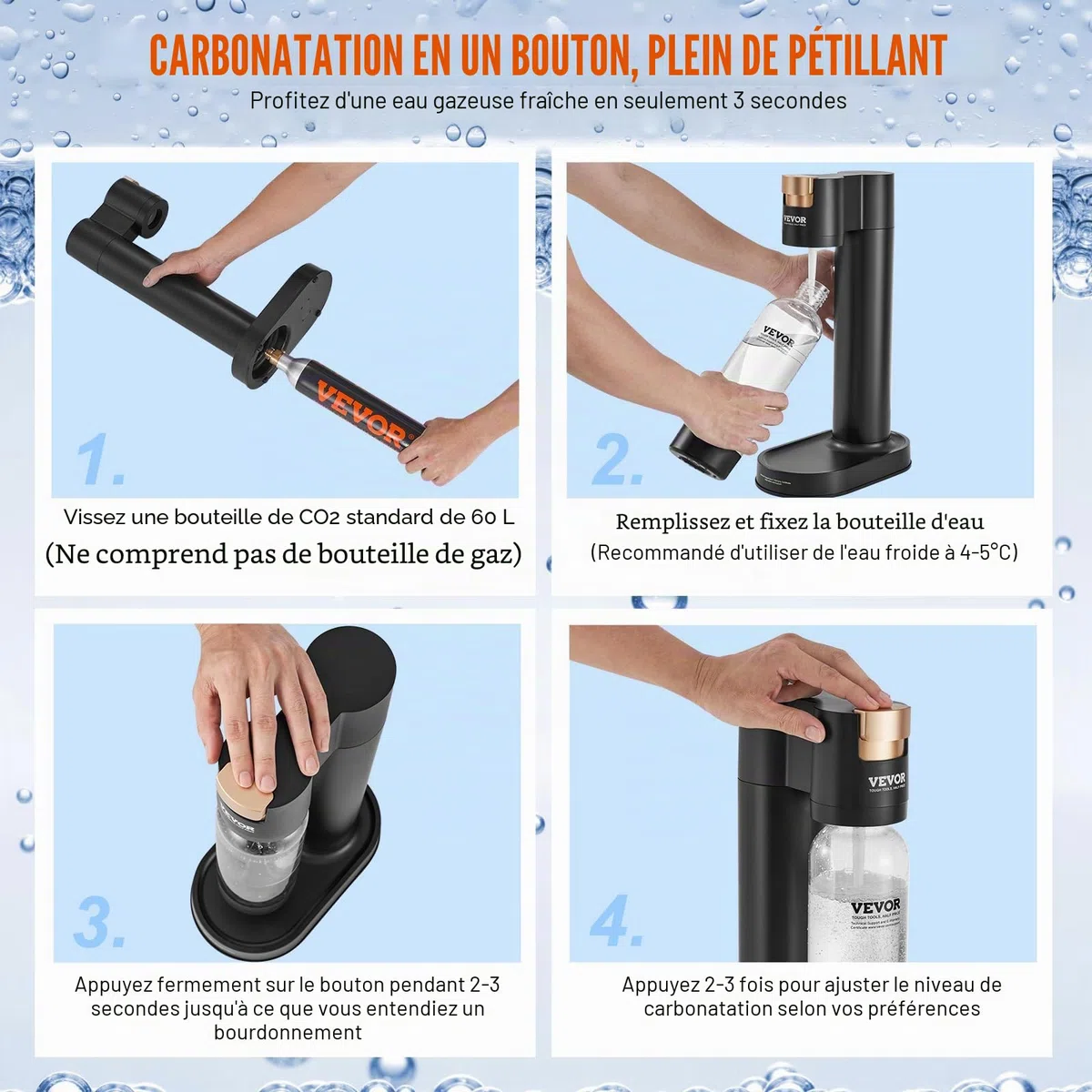 VEVOR Machine à eau gazeuse, machine à eau pétillante et soda pour gazéification domestique avec 2 bouteilles PET de 1 L sans BPA, compatible avec le cylindre de CO2 60 L à visser (non inclus), noir