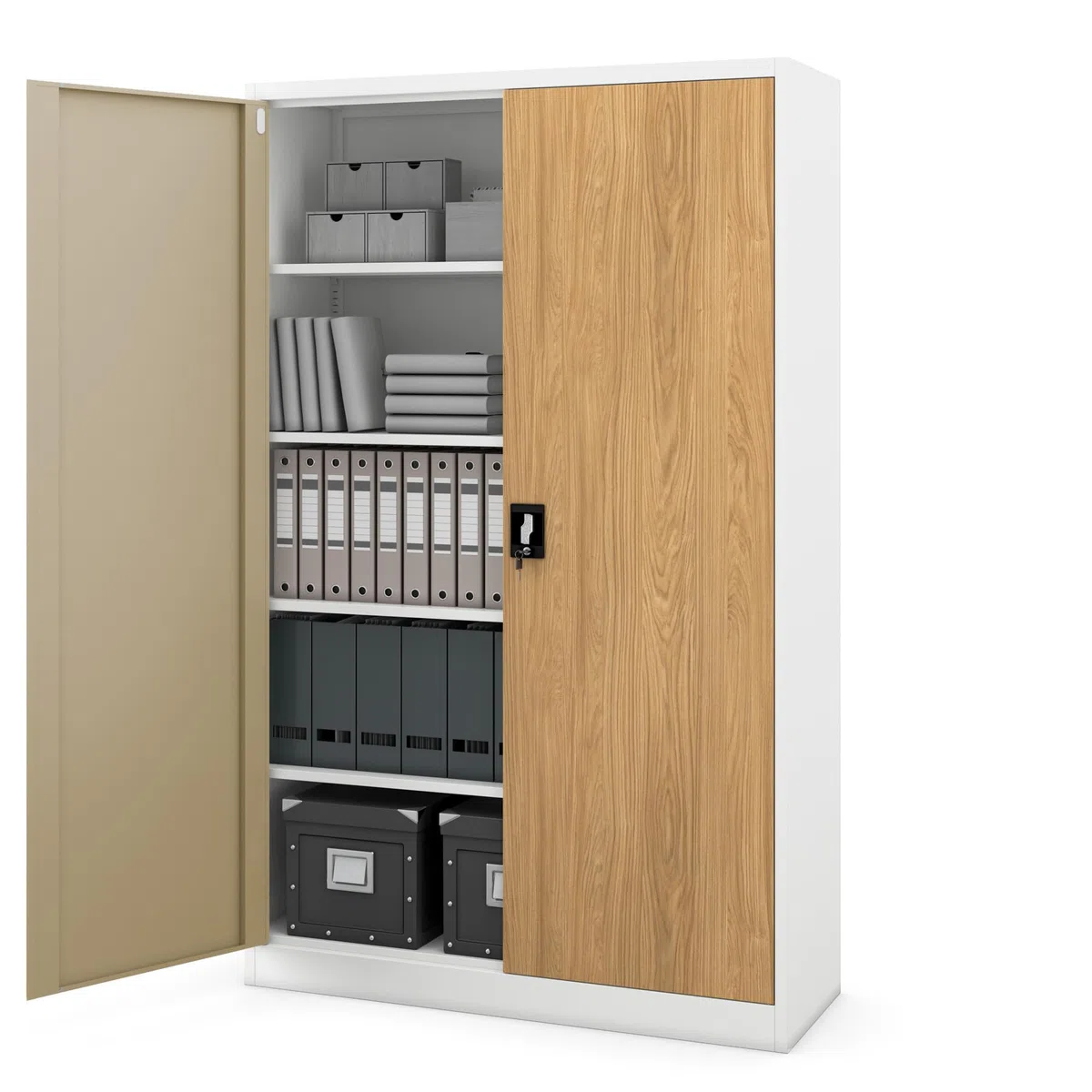 Jan Nowak Armoire de Bureau métallique verrouillable avec 4 étagères réglables pour dossiers et Archives en Acier Robuste 115 x 185 x 40 cm Blanc Chêne doré