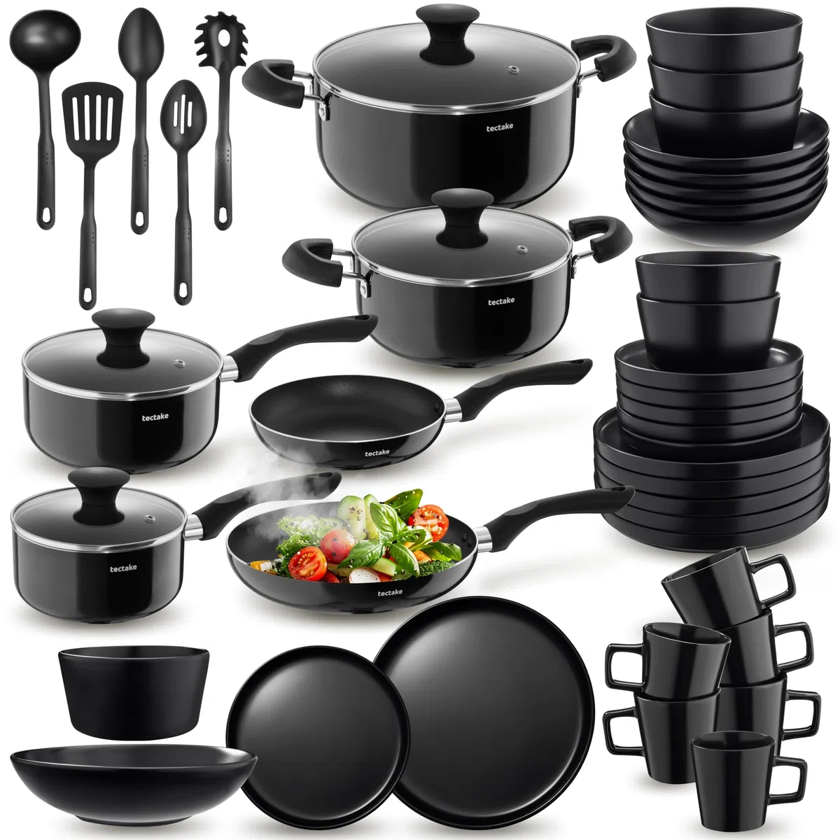 tectake® Set de cuisine 45 pièces, Service de table 6 personnes et Batterie de cuisine, Poêles, Casseroles, Assiettes plates, Assiettes creuses, Bols, Tasses, Louche, Spatule, Vaisselle en grès
