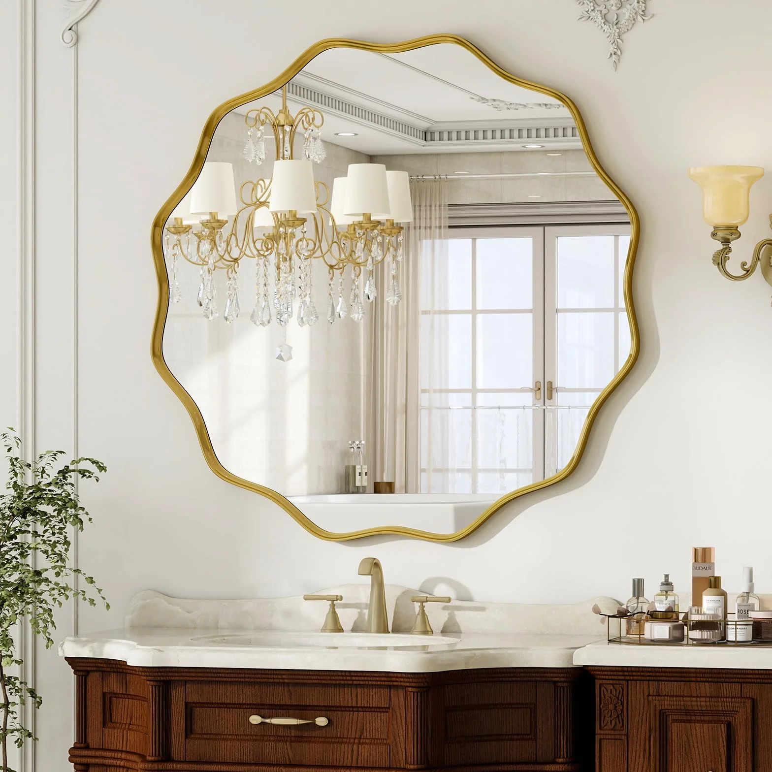 BEAUTYPEAK Miroir rond de 106 cm - Avec bord ondulé - Cadre en aluminium - Grand miroir rond à suspendre et à s'appuyer - Miroir mural rond pour chambre à coucher, salle de bain, couloir - Doré