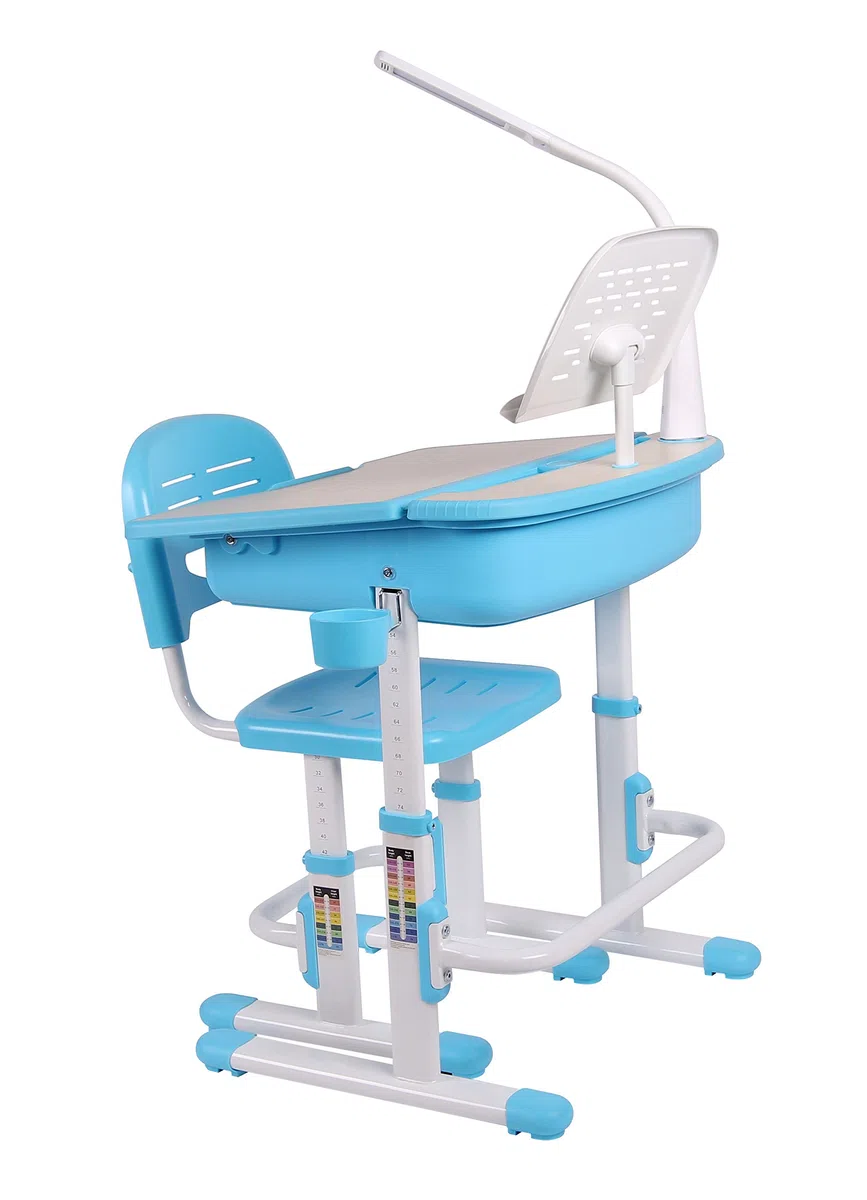 Leomark Bureau Ergonomique avec Une Chaise et Lampe pour Enfants Couleur Bleu Réglage en Hauteur - Tabouret d'enfants Apprendre et s'Amuser Chambre d'enfants Equipement de Salle