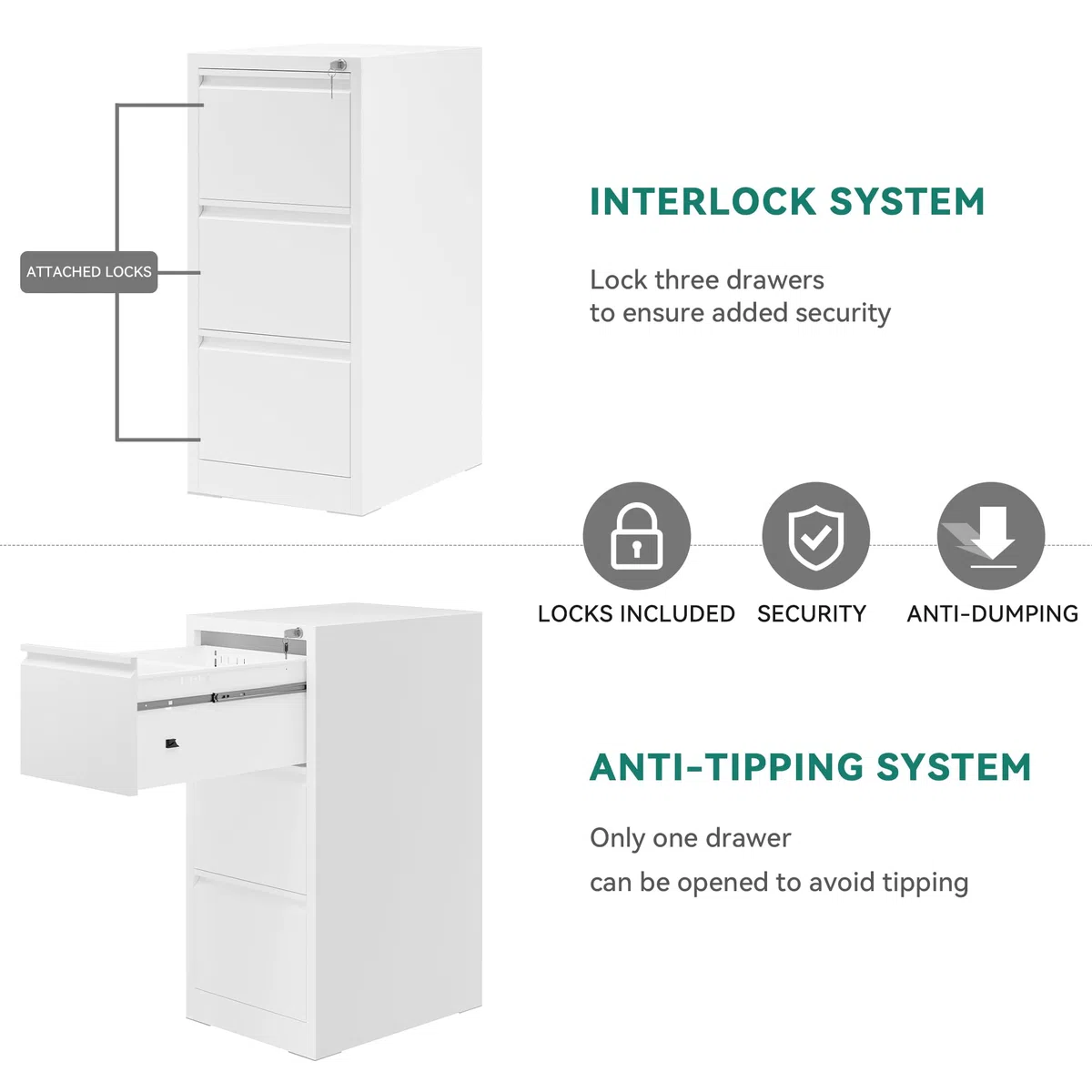 YITAHOME Armoire de classement avec 3 tiroirs verrouillables, armoire de classement à roulettes anti-basculement avec roulettes pour le bureau à la maison, meuble de classement sous pupitre, blanc, 62