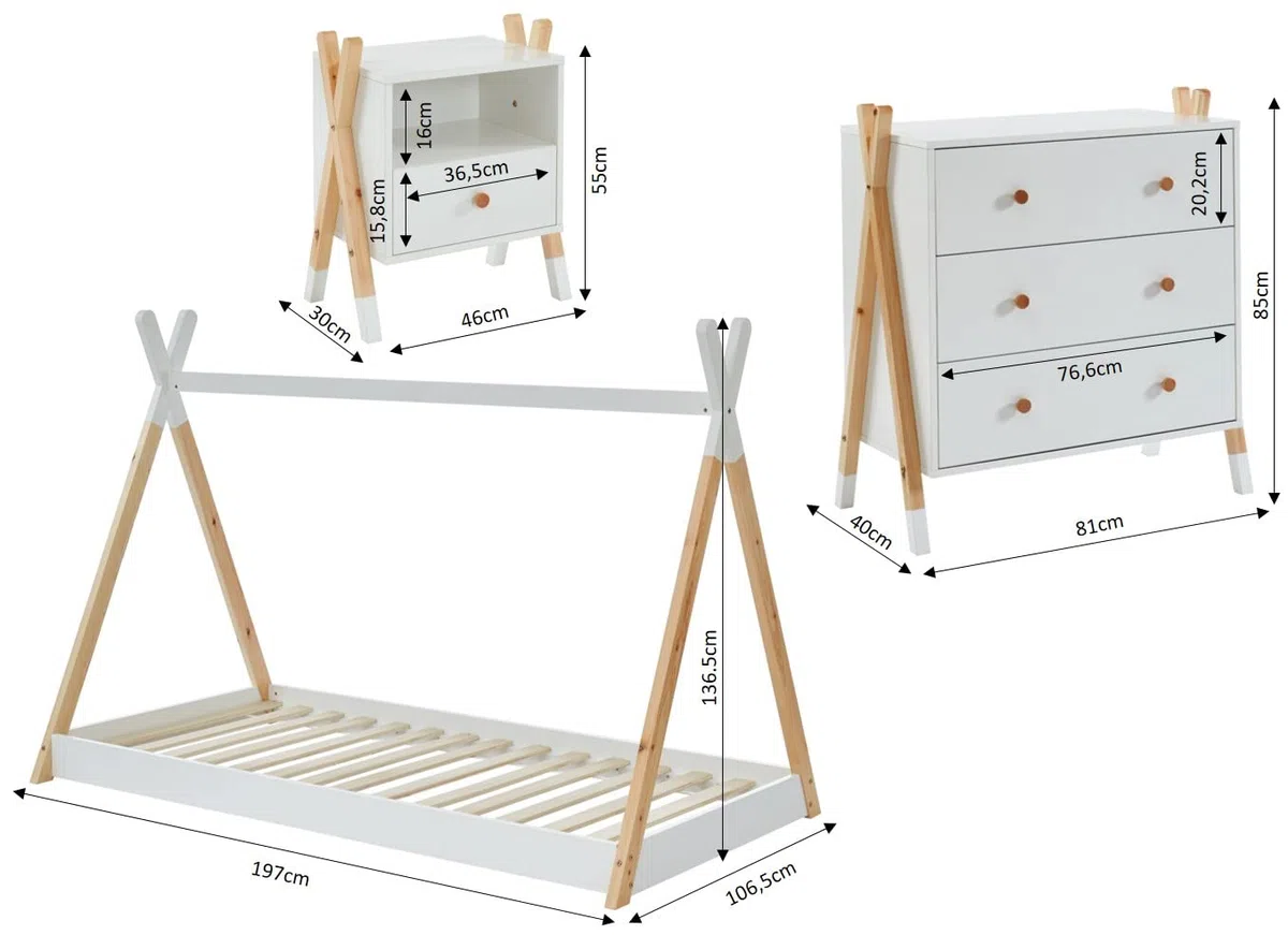 BAÏTA Ensemble Chambre Enfant TIPI en Bois et Blanc avec lit + Chevet + Commode Inclus