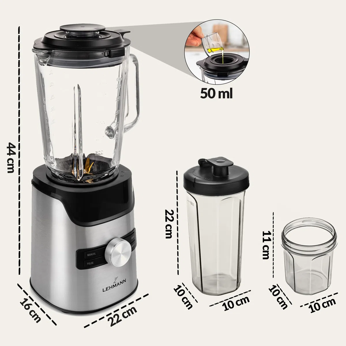 LEHMANN Blender avec Bol en Verre 1,7 L, 10 Vitesse Ajustable, Pulse et 3 Programmes - Smoothie, Milkshake, Glace Pilée, Nettoyage Facile, Bouteille Blend & Go et Moulin sans BPA, 1400 W, Argent