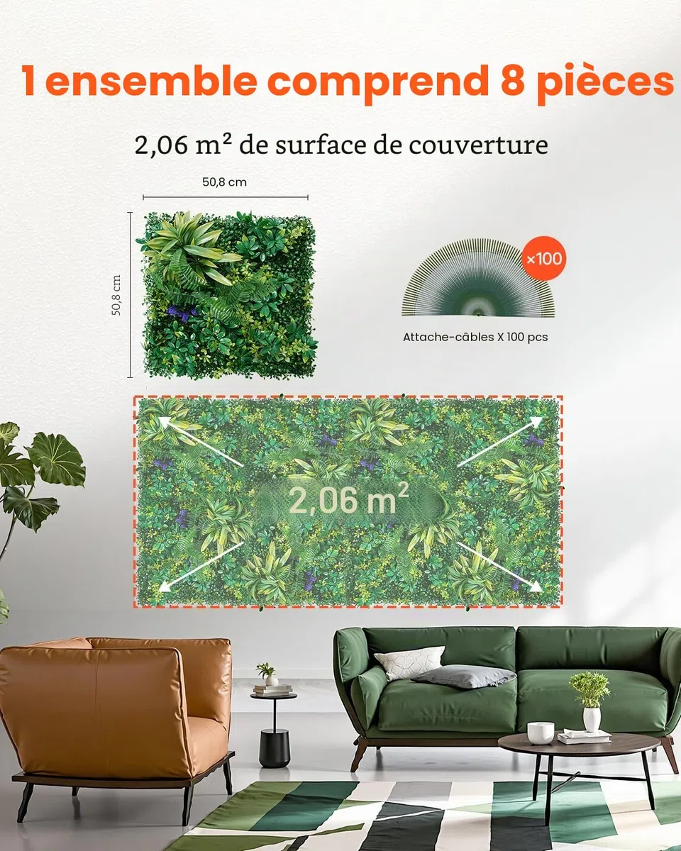 VEVOR Mur Végétal Artificiel, 8 PCS, Panneau Mural Décoratif Plante Artificielle 3D Emboîtable, 50x50 cm, pour Décoration Intérieure Extérieure, Couverture de Clôture en Lierre, Brise-vue Mural Jardin