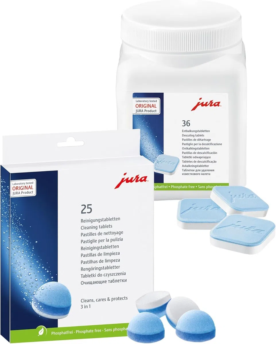 Jura Pack Combiné – 25 Tablettes de Nettoyage + 36 Tablettes Détartrantes pour Machine à Café