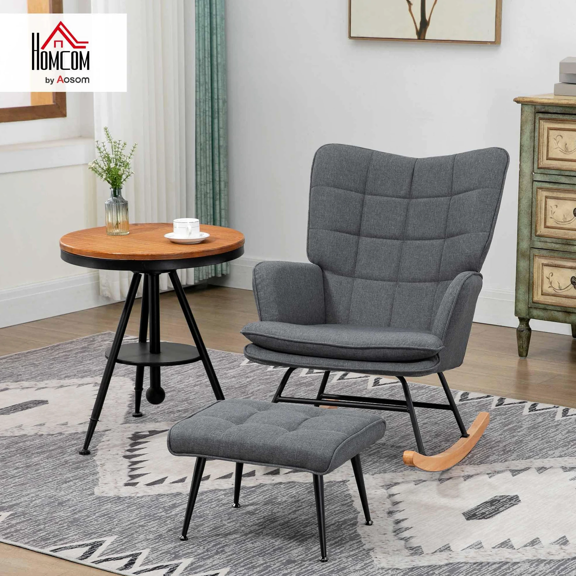 HOMCOM Fauteuil à Bascule avec Repose-Pieds, Rocking Chair en Tissu Aspect Lin, Assise Large, Dossier Haut, Coussin Inclus, Chaise à Bascule pour Salon, Chambre, Gris