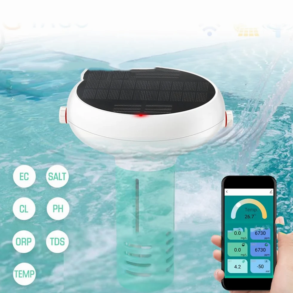 Testeur solaire de qualité de l'eau pour piscine, 7 en 1 pH ORP salinité avec alertes d'application, capteur sans fil IP67 et passerelle pour le suivi des données réelles