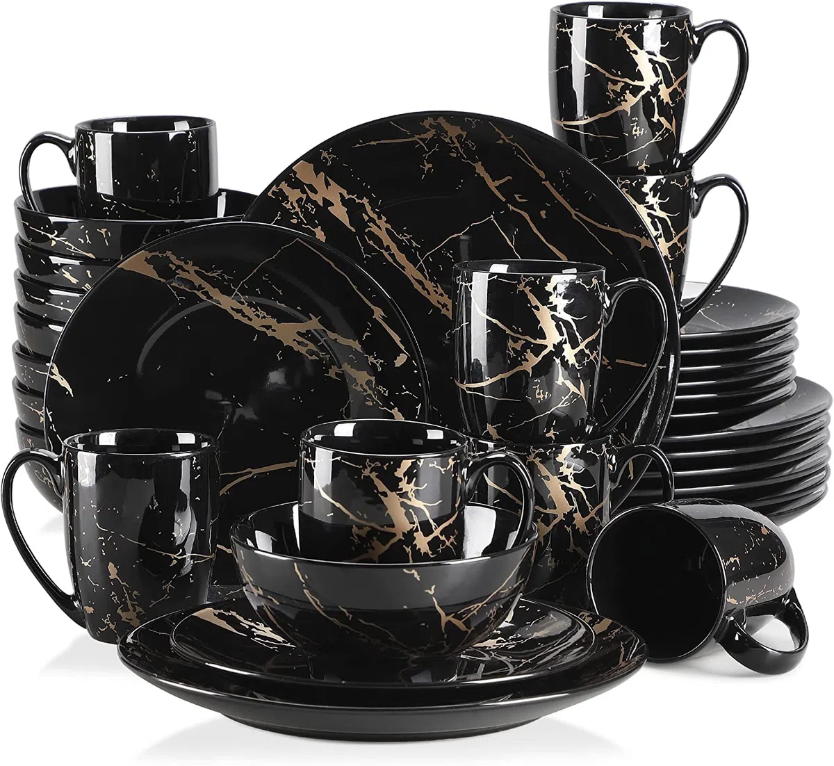 LOVECASA Daphne - Assiettes Service de Table Moderne, Vaisselle Complète pour 8 Personnes en Porcelaine, 32 Pièces (Assiettes Plates, à Dessert, Bols à Céréales, à Pâtes) - Design Noir & Doré
