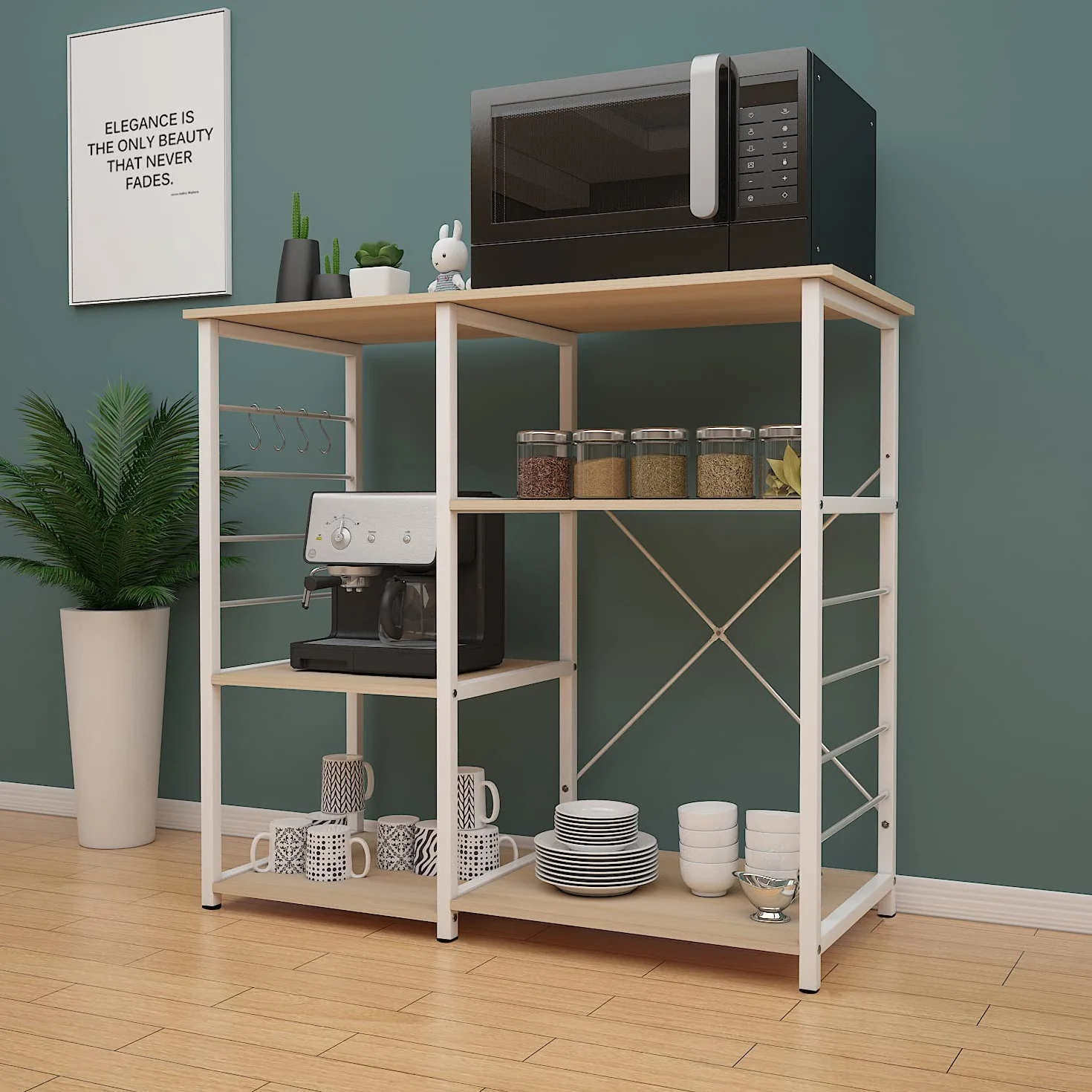 DlandHome Etagères de Cuisine pour Le Stockage, Meuble Rangement Desserte de Cuisine avec 3+3 Tablettes pour Micro-Ondes, Four, Outils de Cuisine, 90L * 39W * 83H cm Érable