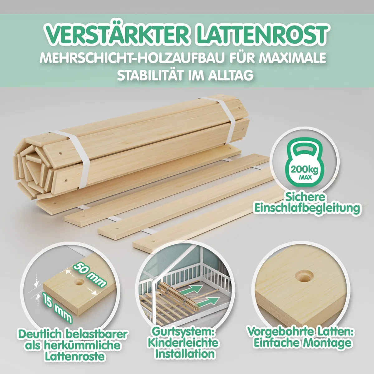 CADANI Malte lit Enfant 140x200 cm – lit cabane avec barrière Amovible, Jusqu’à 200 kg, sommier à Lattes Inclus, lit au Sol Montessori en pin Massif, Blanc