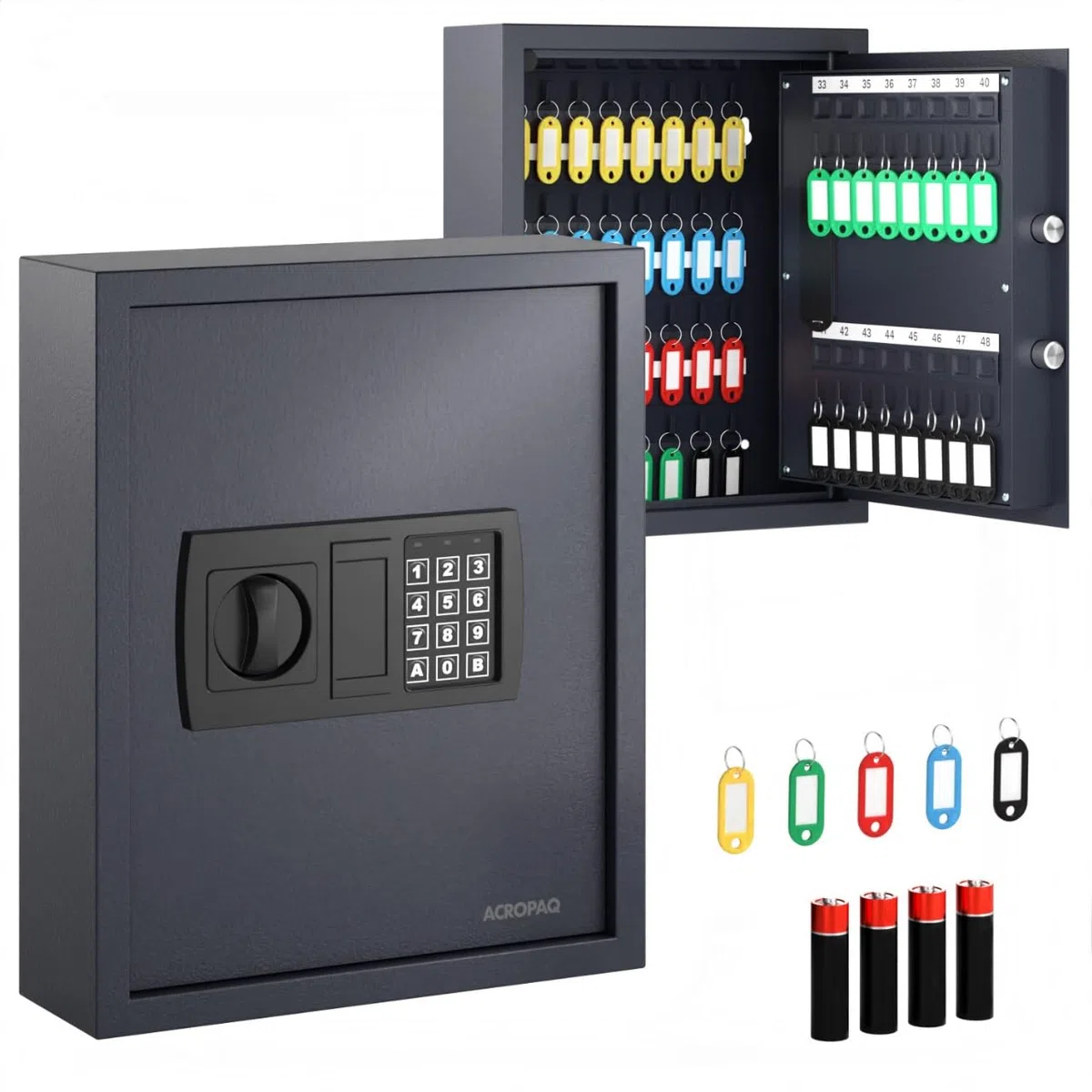 Acropaq Armoire à clés - avec Serrure électronique numérique, pour jusqu'à 48 clés, 48 pendentifs Inclus, Noir - Armoire a Clef Murale, Boite a Clef, Boite a clefs Murale