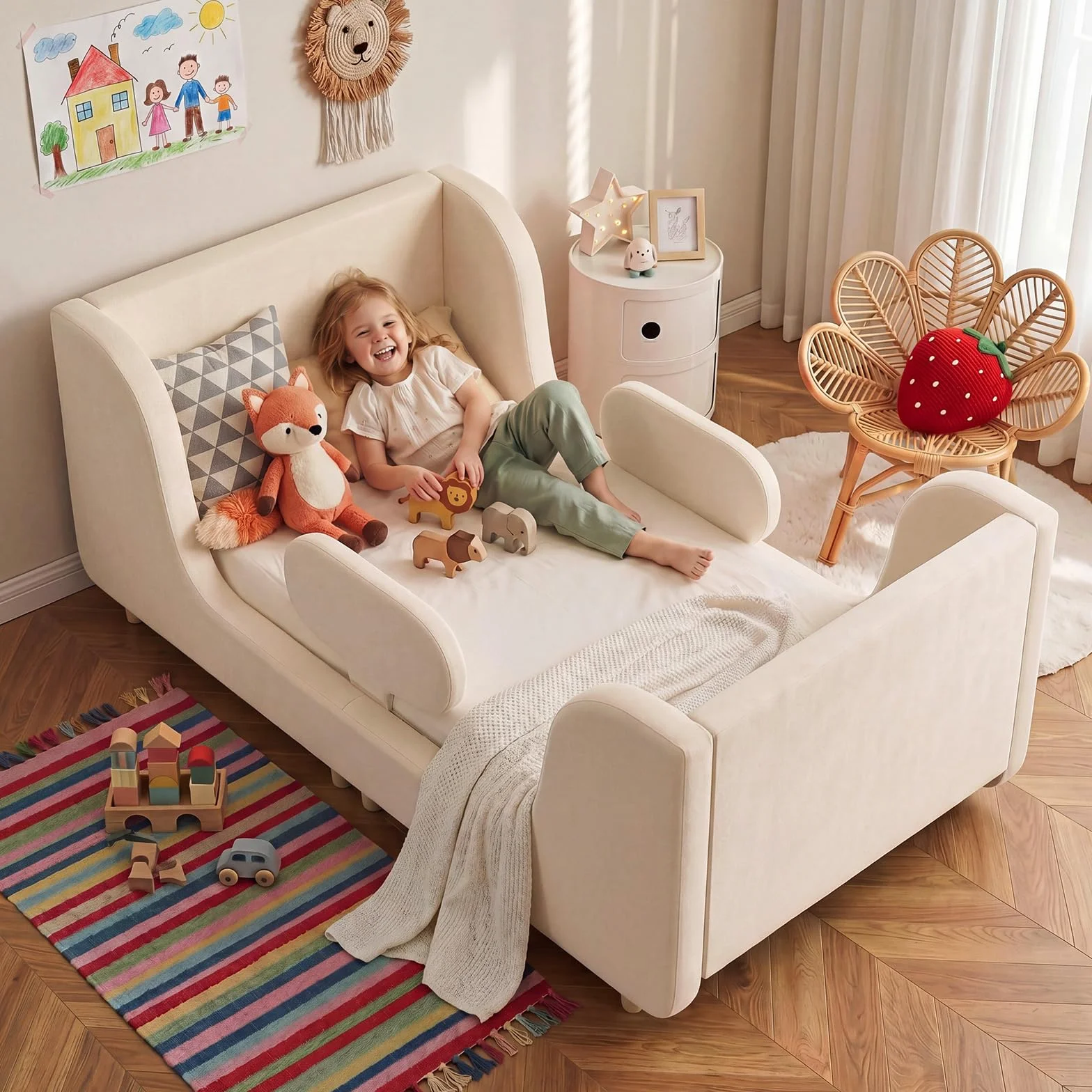 Lit pour petits enfants, Cadre de lit pour enfants rembourré souple, Lits d'enfants avec protection extra-large, Lits d'enfants pour filles et garçons (sans matelas)