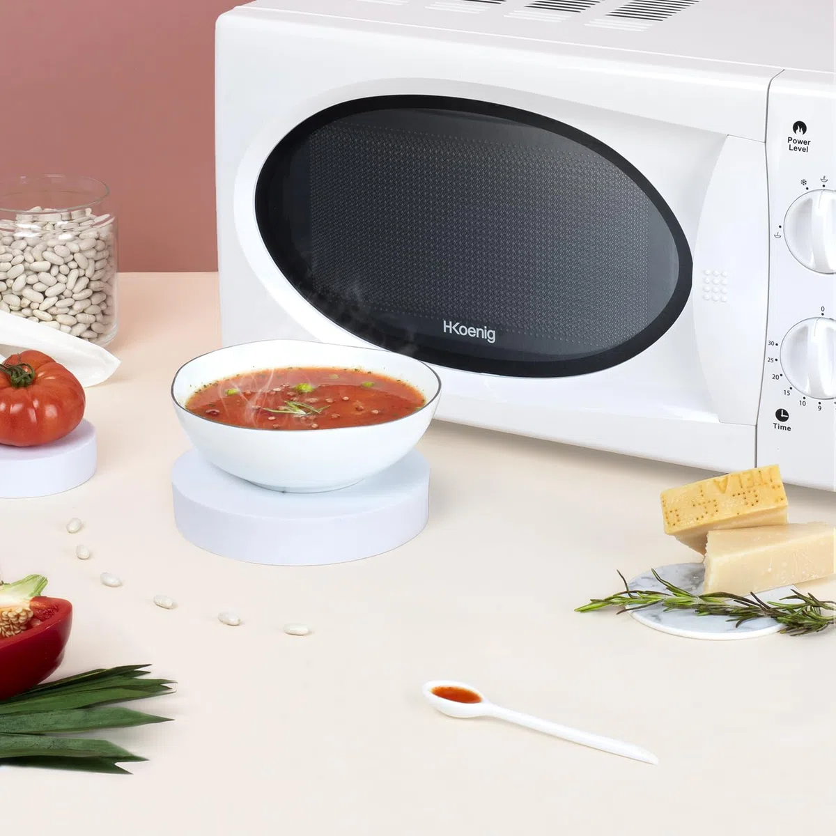 H.Koenig VIO6 Micro-ondes Compact 20L Blanc, Puissant 700W, Plateau tournant 24,5cm, Multifonction 5 niveaux de chauffe et fonction décongélation, Minuterie jusqu'à 30min, Rapide, Plan de travail