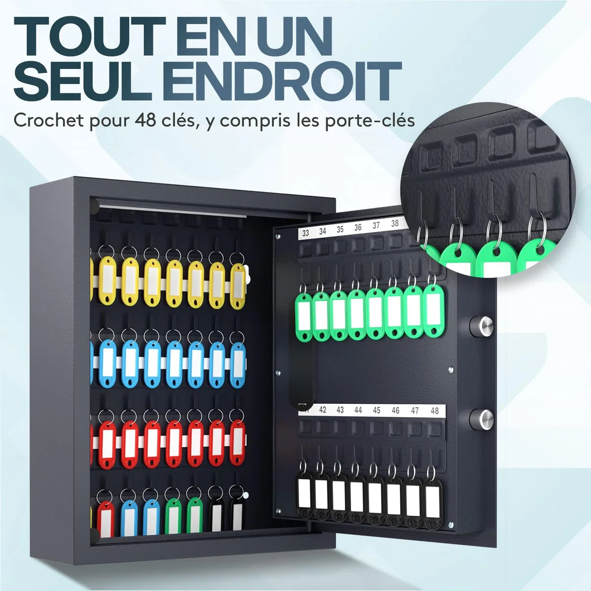 Acropaq Armoire à clés - avec Serrure électronique numérique, pour jusqu'à 48 clés, 48 pendentifs Inclus, Noir - Armoire a Clef Murale, Boite a Clef, Boite a clefs Murale