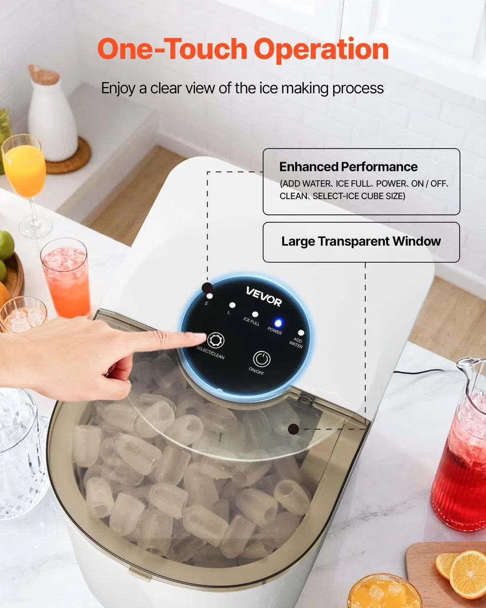 VEVOR Machine à Glaçons de Comptoir Portable, Appareil à Glaçons Capacité de Production 11,8 kg/24 h et 7 Cubes Prêts en 6 Minutes, pour Bar Bureau Cuisine Maison, Autonettoyant, avec Pelle à Glace