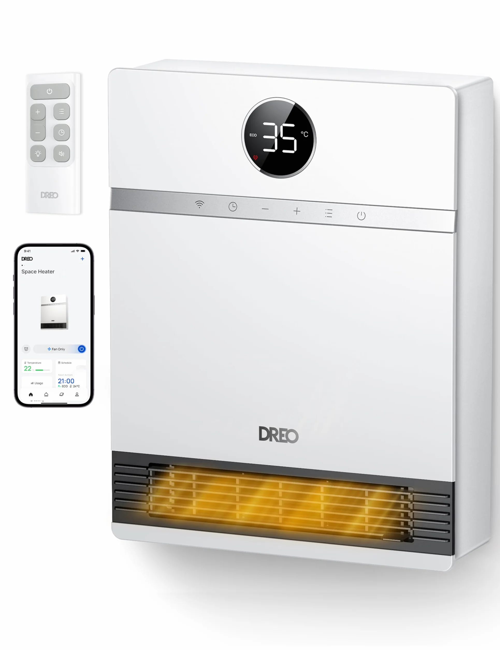 Dreo Intelligent Chauffage d'appoint, Oscillation à 30°, 2000W Chauffage Soufflant Mural, Salle de Bain, Thermostat Réglable, Télécommande, 24H Minuterie, Installation Facile, Compatible avec Alexa