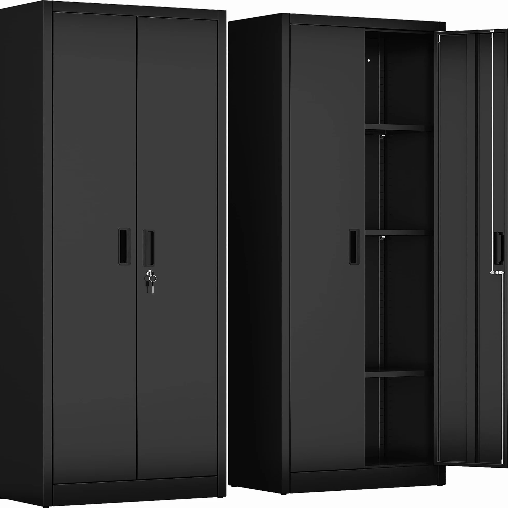 Armoire de rangement en métal avec 2 portes et 3 étagères réglables, armoire de rangement verrouillable de 170 cm, garage, maison, bureau, assemblage facile requis (noir)