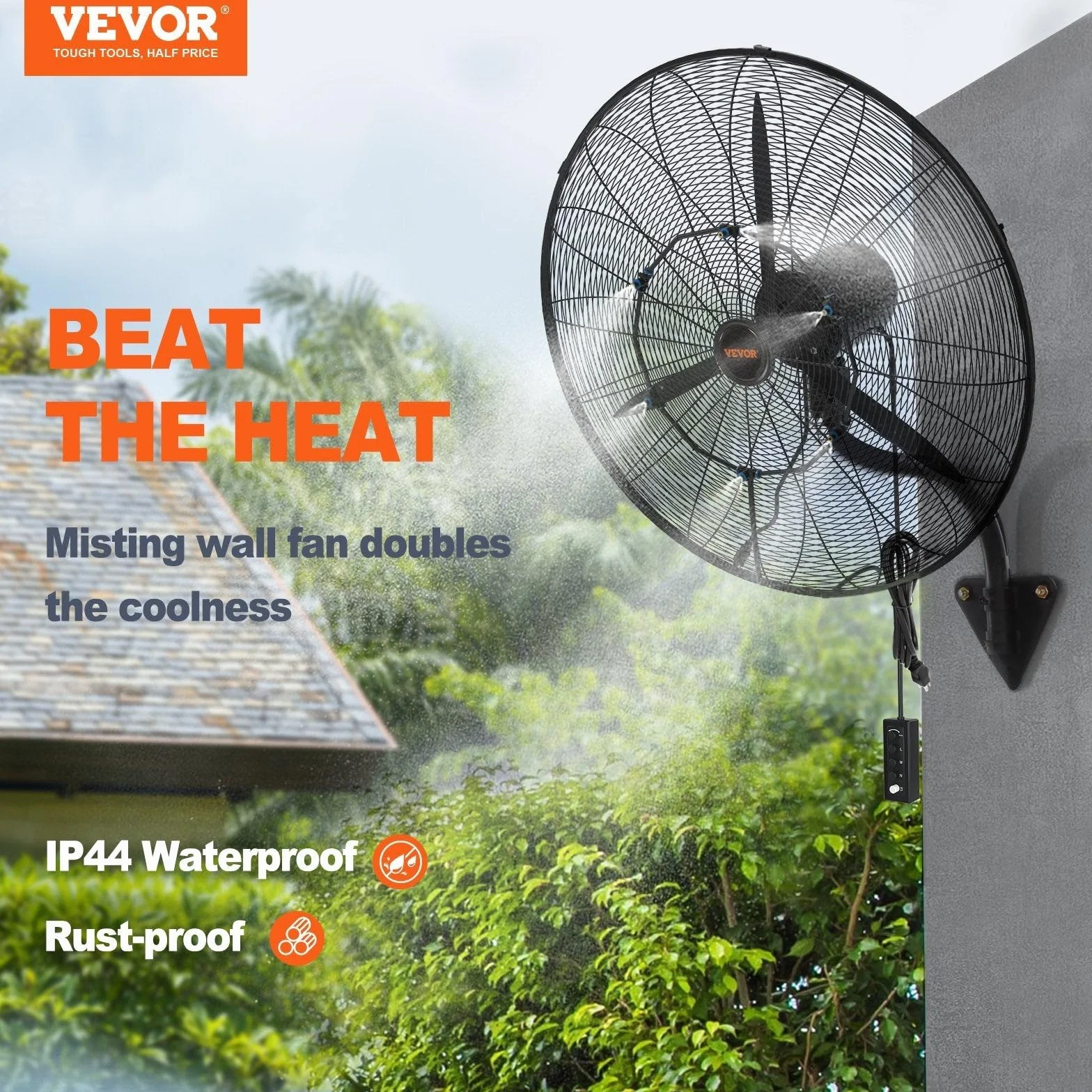 VEVOR Ventilateur brumisateur mural, 61,6 cm, ventilateur industriel oscillant étanche, 3 vitesses, 7000 CFM, ventilateur commercial ou résidentiel pour refroidissement entrepôt, serre, atelier, noir