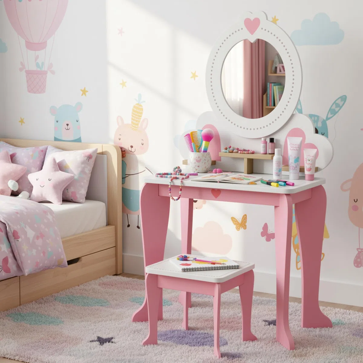 Clevich 2 en 1 Coiffeuse Enfant, Coiffeuse pour Fille avec Miroir et Tabouret Enfant, Bureau pour Enfants, Table de Maquillage pour Enfants 3 à 8 Ans (Rose)