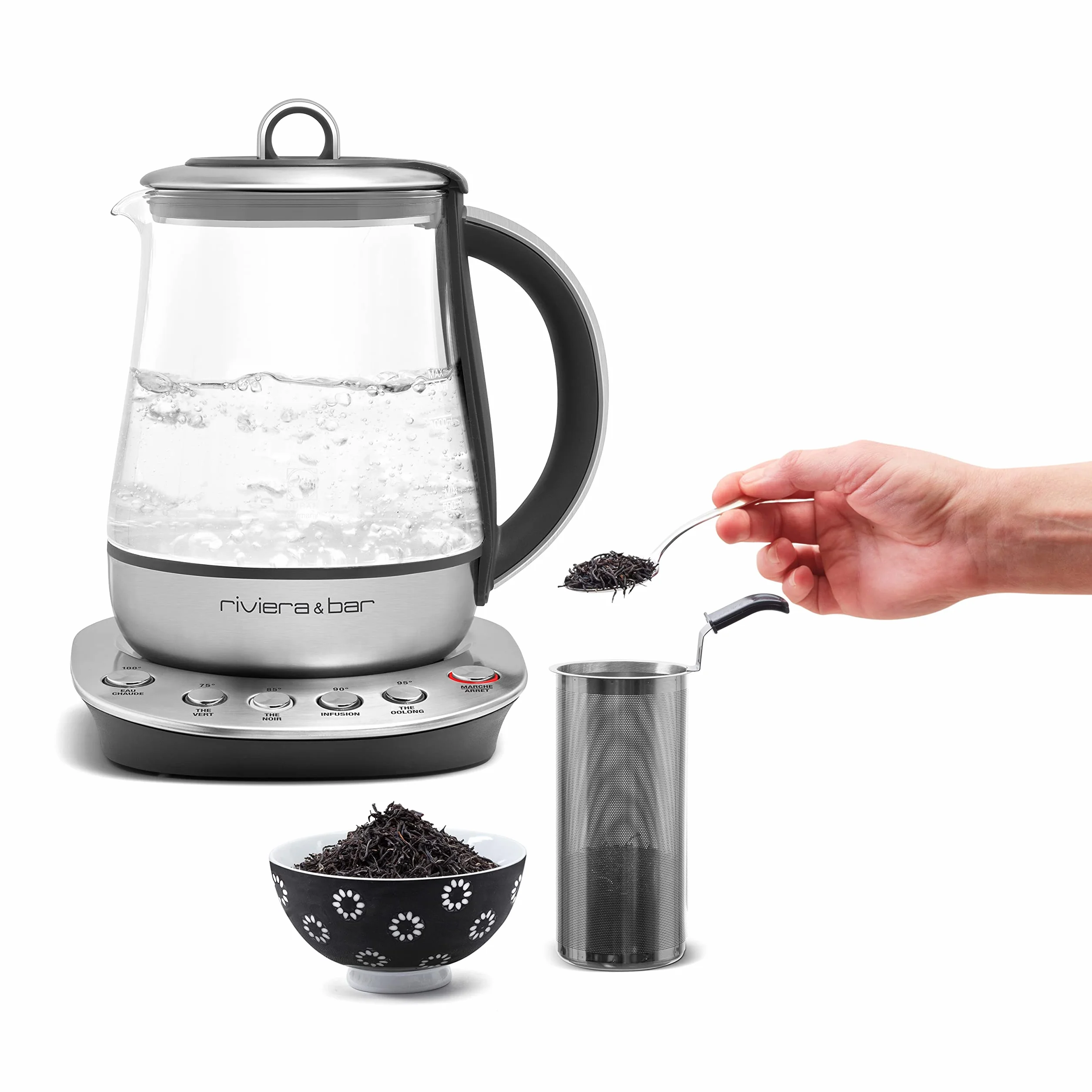 riviera&bar Théière Bouilloire à Température Réglable - Idéale pour Infusions et Thés Verts, Noirs, Oolongs, Maintien au Chaud, Signal Sonore Désactivable - Verre Trempé et Inox