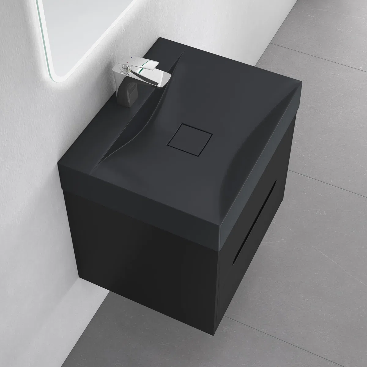 doporro Meuble de Salle de Bain Suspendus Noir Mat 60x48x56cm Ensemble de 2 Pièces Meuble avec Lavabo Design Yoga-Lackier