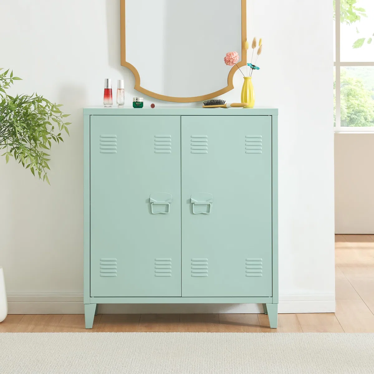[en.casa] Casier de Bureau Métallique Armoire à 2 Portes Meuble de Rangement pour Bureau Atelier Chambre Acier Laminé à Froid 90 x 80 x 33 cm Vert Pastel Mat
