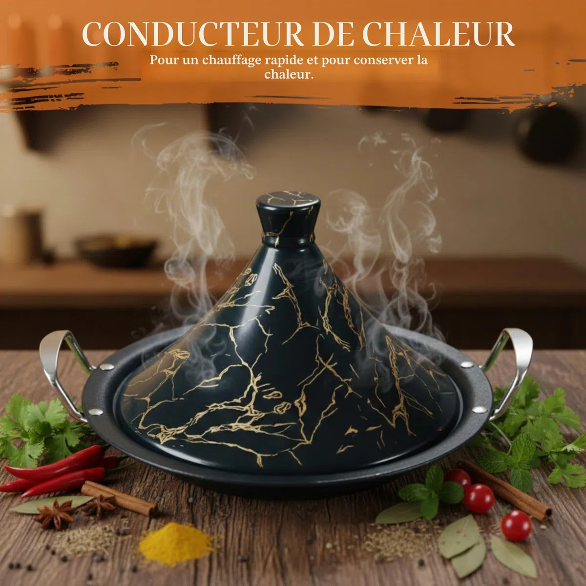 Tajine Royal Swiss 38 cm – Acier inoxydable, revêtement antiadhésif, couvercle porcelaine – Toutes sources de chaleur, induction, gaz, électrique – Cuisine saine (Noir, 38 cm)