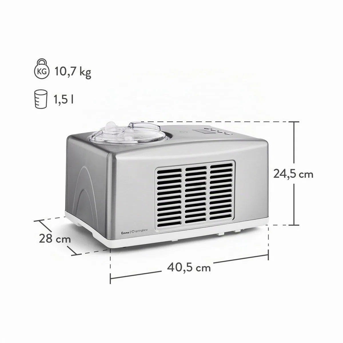 SPRINGLANE Sorbetière Emma 1,5 L avec compresseur auto-refroidissant 150 W, en acier inoxydable avec bac à glaçons amovible, avec livret de recettes (Argent)