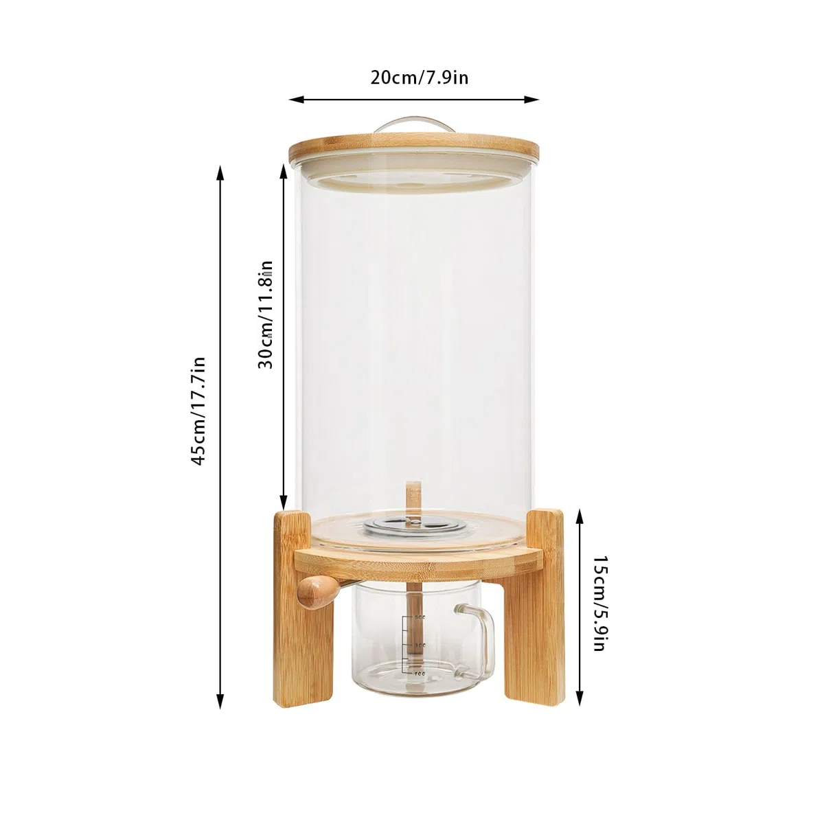 Distributeur de Riz 7,5L, Distributeur de Céréales en Verre, avec Tasse à Mesurer et Couvercle Hermétique, pour Riz, Farine, Noix, Céréale