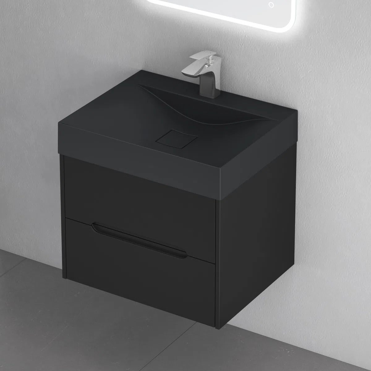 doporro Meuble de Salle de Bain Suspendus Noir Mat 60x48x56cm Ensemble de 2 Pièces Meuble avec Lavabo Design Yoga-Lackier