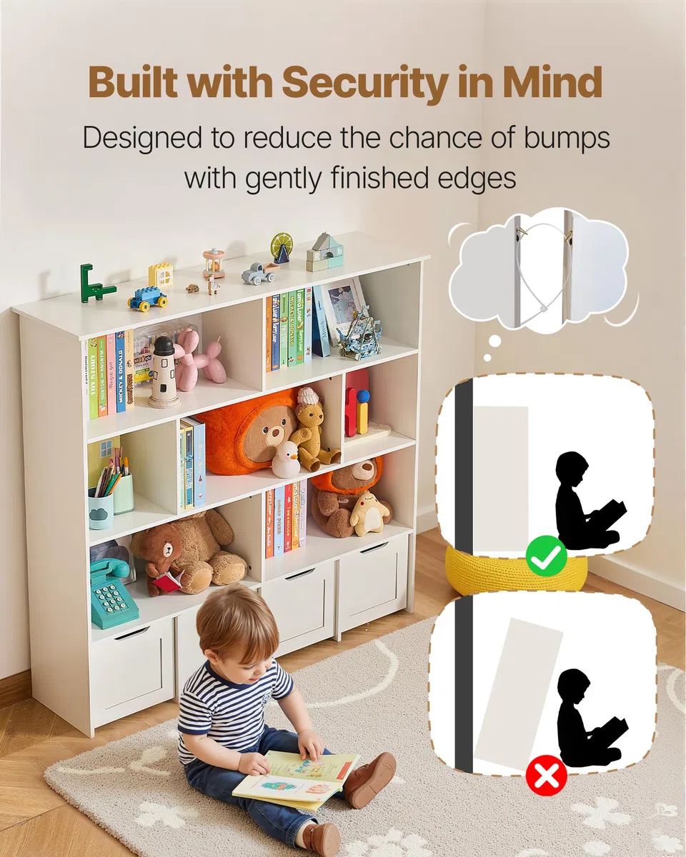 VEVOR Organisateur de Jouets en Bois, bibliothèque pour Enfants avec Rangement, Meuble de Rangement pour Jouets avec 4 tiroirs Mobiles, pour Chambre, crèche, Salon, entrée, école Maternelle, Blanc