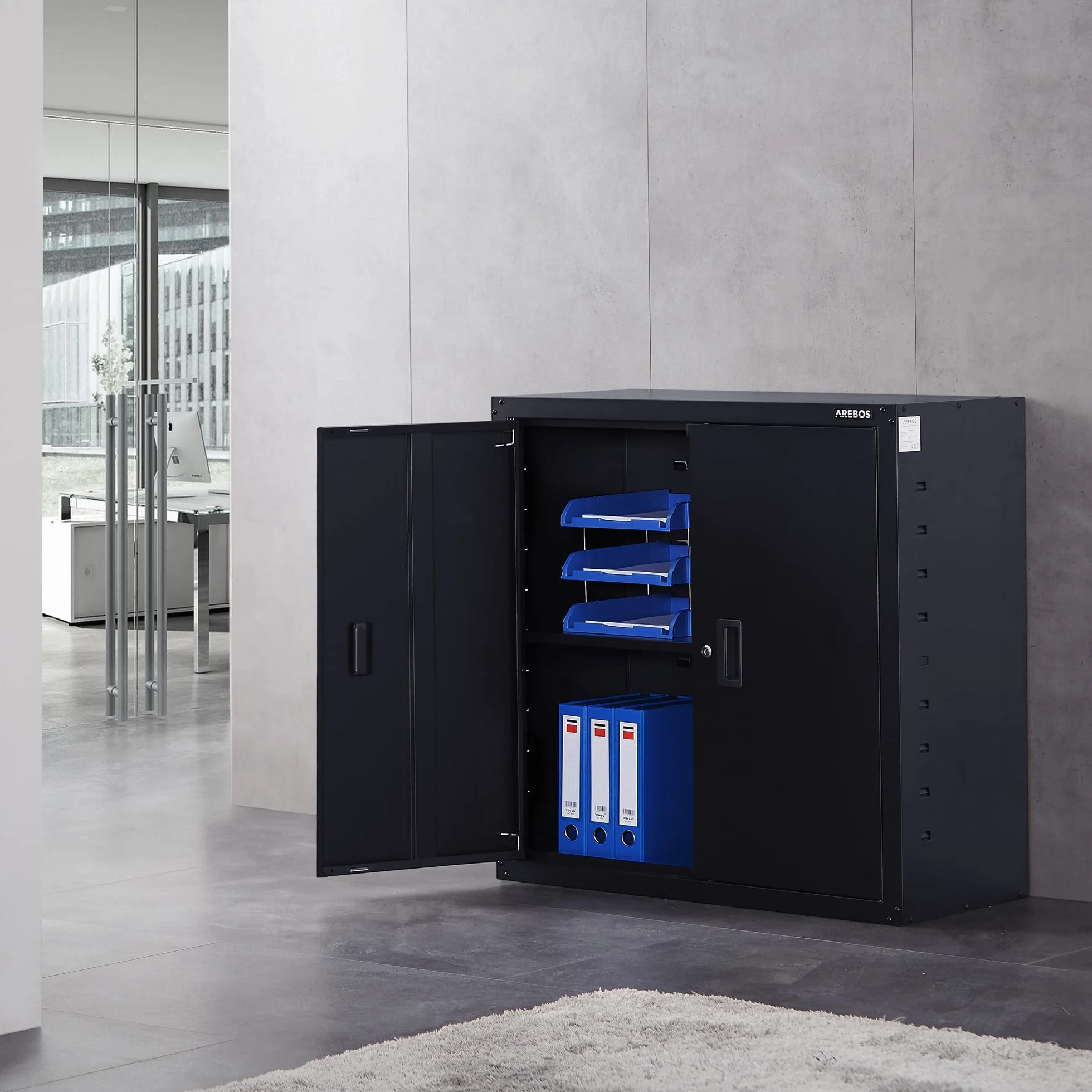 AREBOS Armoire de Bureau en Acier Noir 90x90x40 cm | 1 étagère réglable en Hauteur | Armoire de classement et Rangement Robuste pour Documents et Fournitures