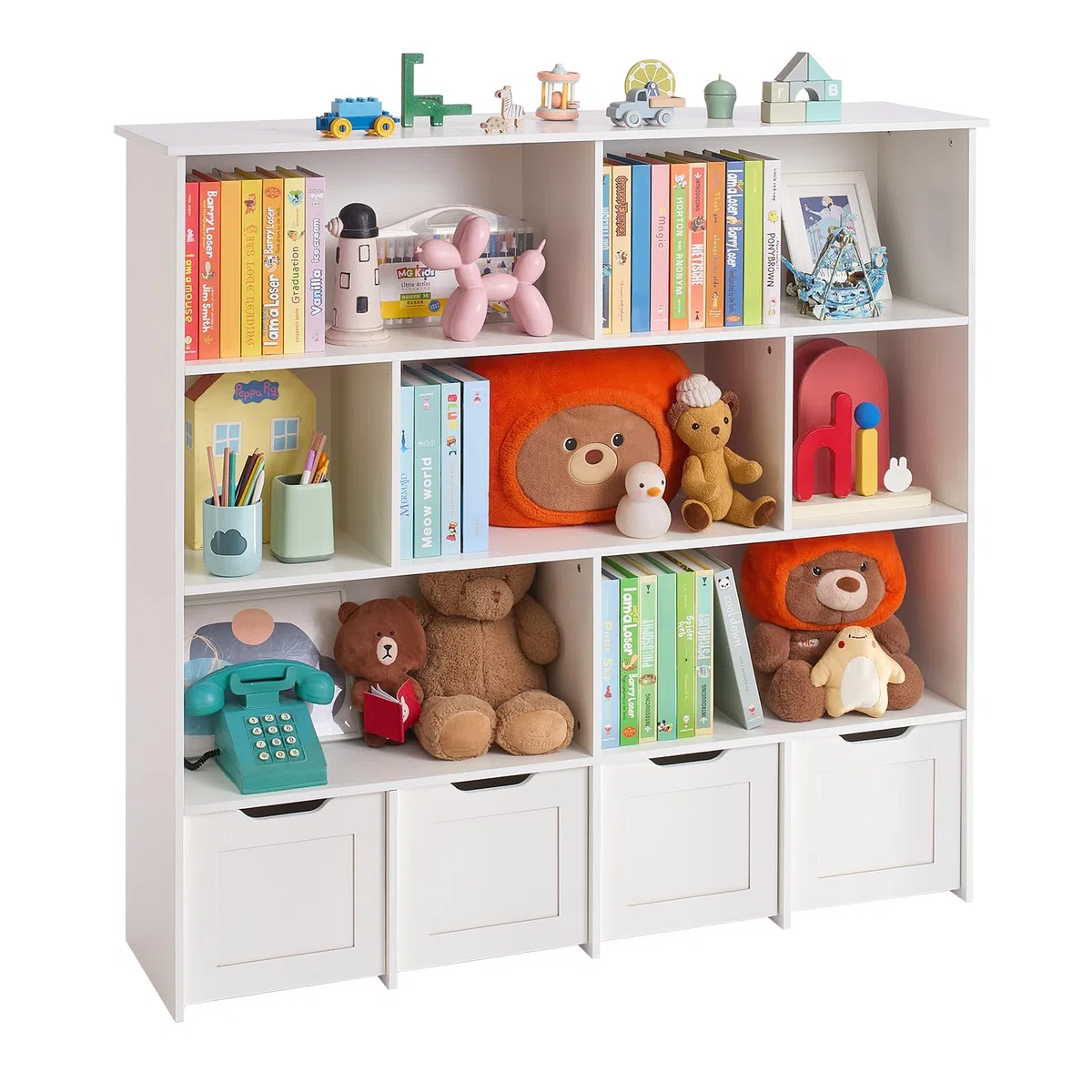 VEVOR Organisateur de Jouets en Bois, bibliothèque pour Enfants avec Rangement, Meuble de Rangement pour Jouets avec 4 tiroirs Mobiles, pour Chambre, crèche, Salon, entrée, école Maternelle, Blanc