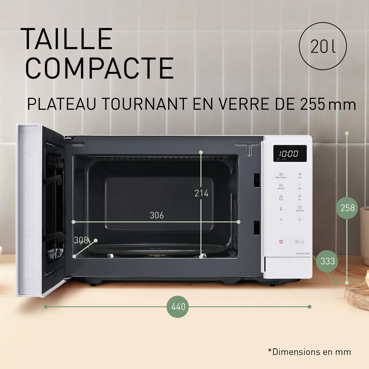 Panasonic NN-ST21QWEPG Four Micro-Ondes Solo 20L avec Plateau en Verre, 800W, Décongélation Automatique, 11 Programmes Automatiques, Affichage LED, 5 Niveaux de Puissance, Minuterie Numérique, Blanc
