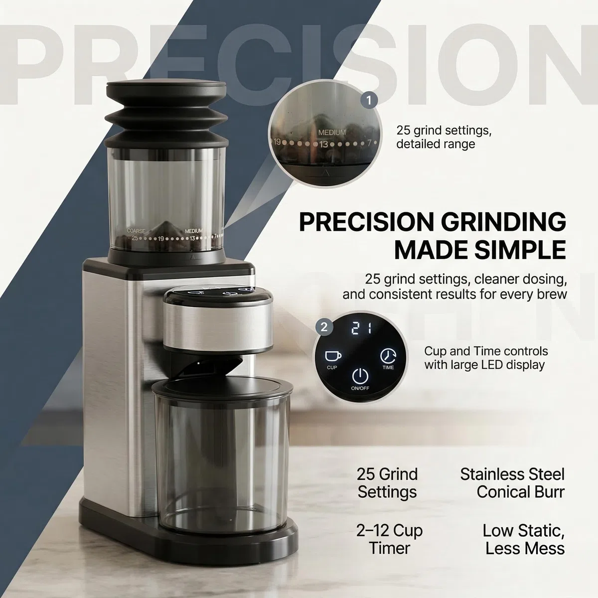 Moulin à café électrique pour la maison, moulin à cône en acier inoxydable, 25 degrés de mouture, moulin à café silencieux pour expresso, café filtre et carafe à moka