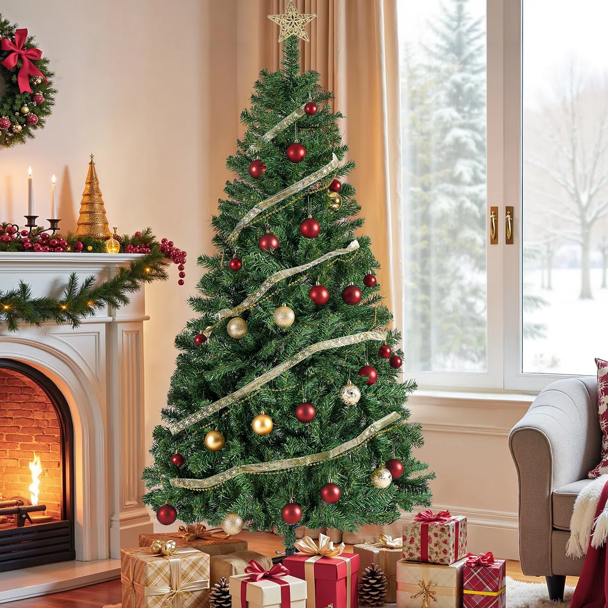 SONGMICS Sapin de Noël Artificiel, Sapin de 180 cm, Branches en PVC, avec Support en Métal, Montage Rapide, Vert LAT002CZ01