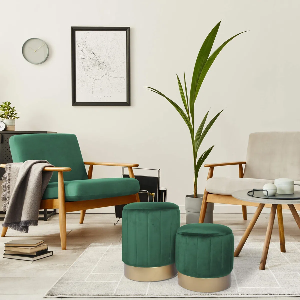 Rebecca Mobili Lot de 2 Poufs en Velours, Tabouret, Vert, MDF Fer, avec Rangement, pour Salon Chambre À Coucher - Dimensions HxLxP : 44 x 35 x 35 cm - Art. RE6834