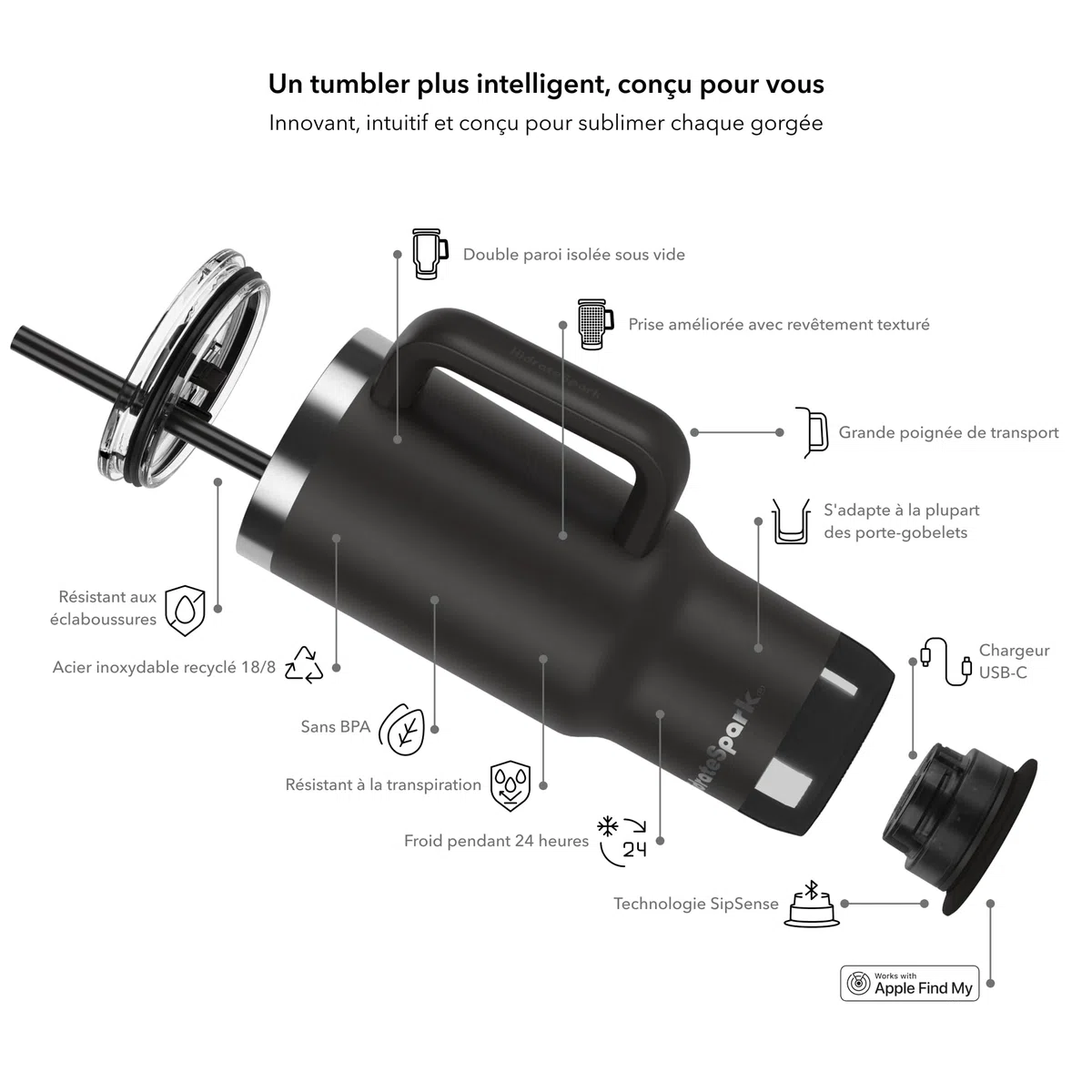 Hidrate Spark PRO 2 – Gobelet Intelligent avec Rappels de Boisson et Suivi D’hydratation, 887ml en Acier Inoxydable – Synchronisation avec Apple Health, Fitbit, Bagues et Montres Connectées - Noir