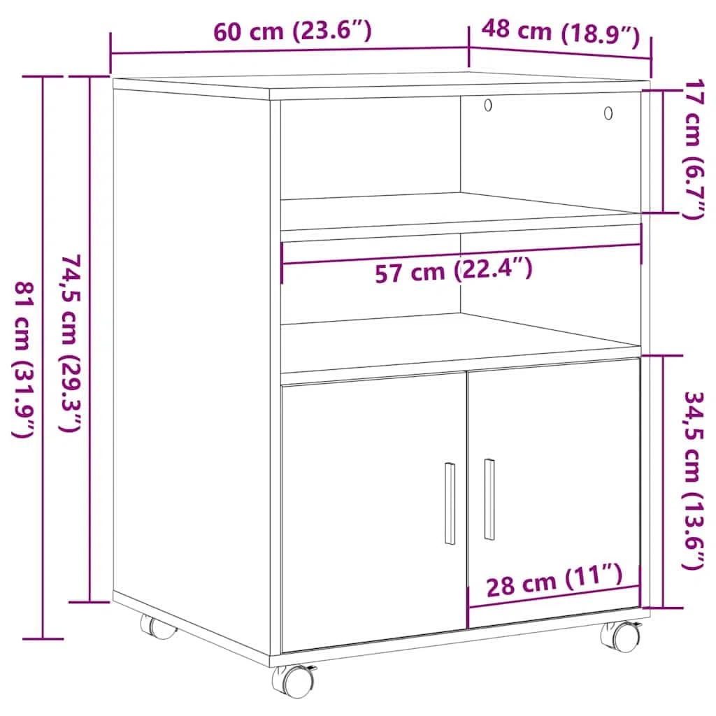 vidaXL Armoire avec étagère avec Roue Chêne Noir 60 x 48 x 74,5 cm, Rangement spacieux, Meuble en Bois rectangulaire, Design Moderne, Pratique pour Votre déco Maison