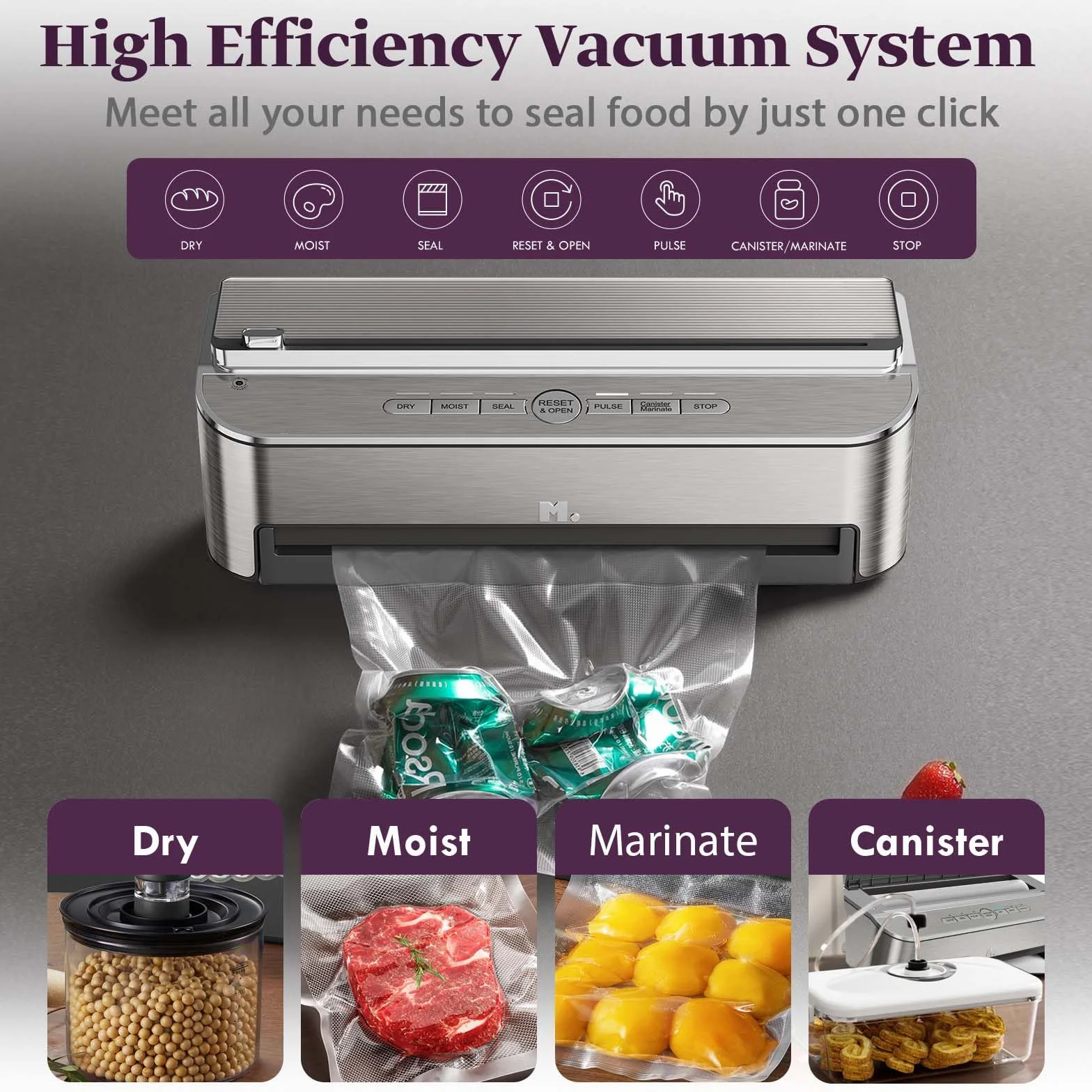 Mesliese 85 kPa 120 W Machine Sous Vide Alimentaire, Système D'étanchéité Puissant, Cutter Intégré, Rangement de Sacs, Mode Humide et Tuyau D'aspiration D'air, 2 Rouleaux de Sac (Argenté)