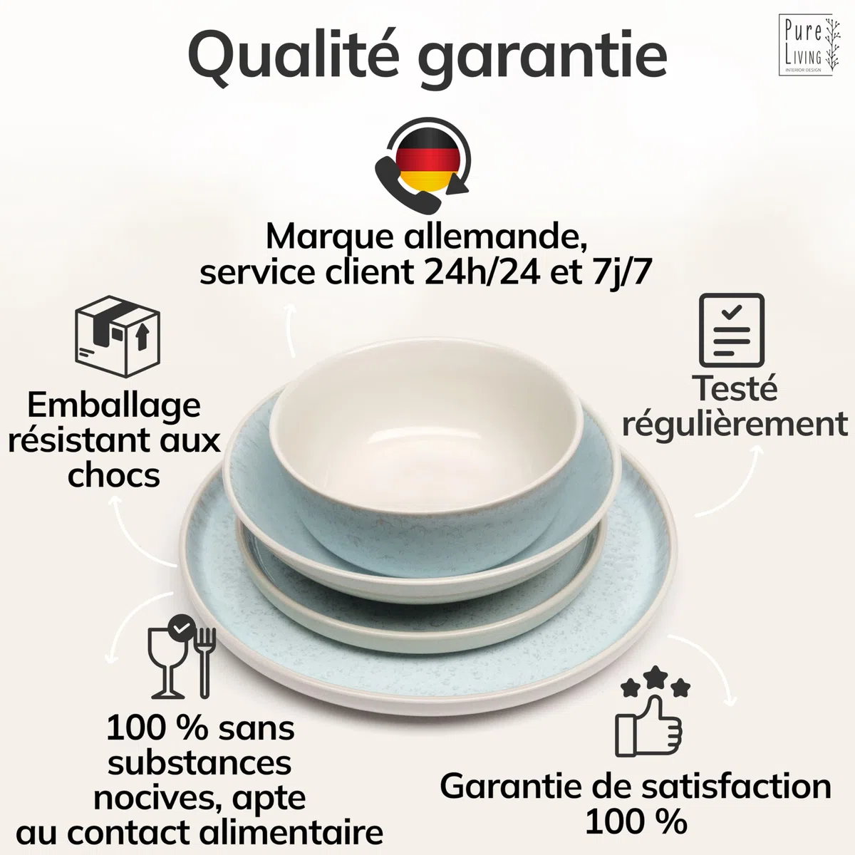 Service de Table Ibiza 24 Pièces: Vaisselle en Grès pour 6 Personnes, Adapté au Lave-Vaisselle et au Micro-Ondes, Pure Living Beige-Bleu